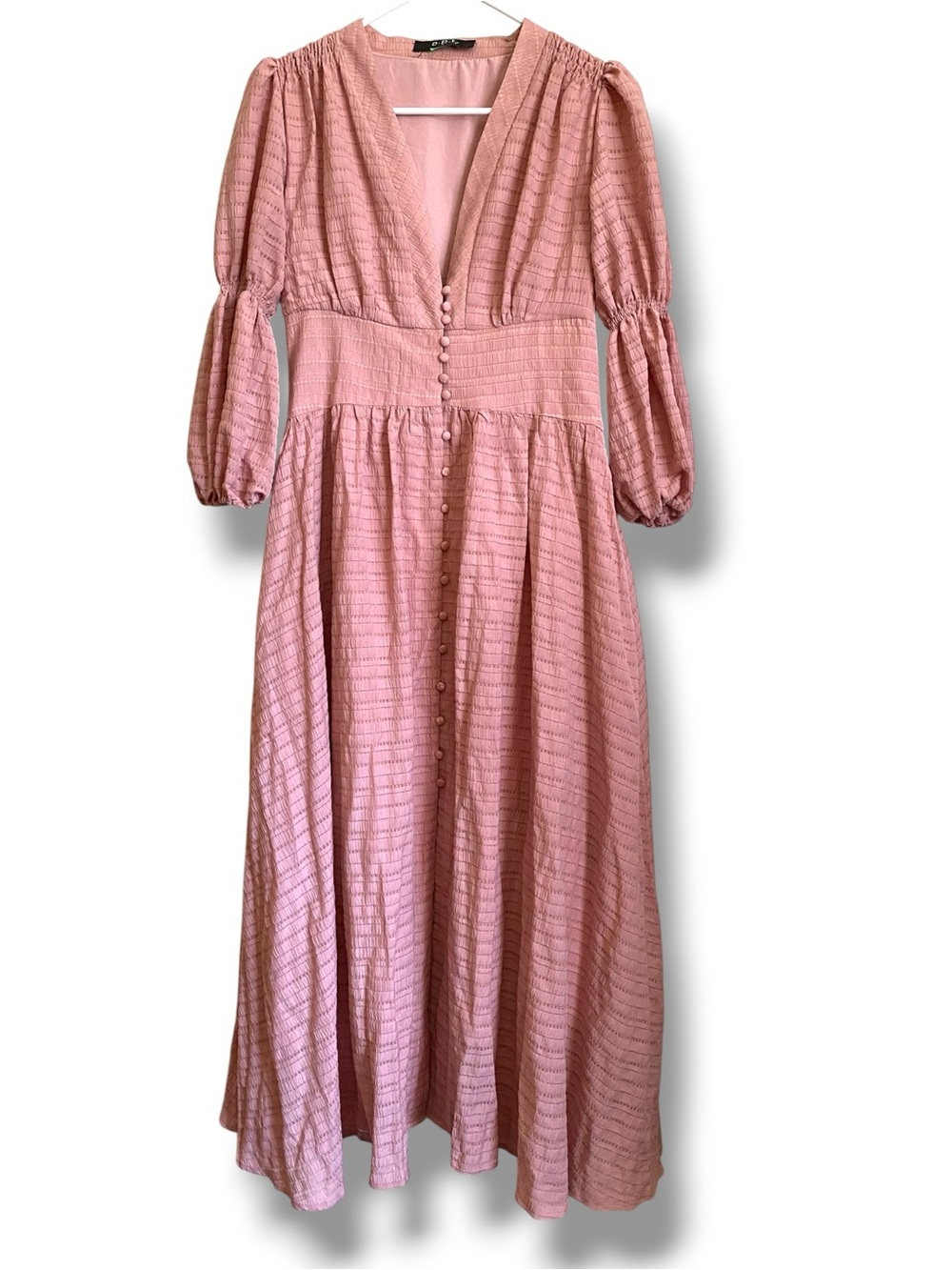 OPT Small Pink Cottagecore Midi Dress Puff Sleeve Smocked V Neck Textured